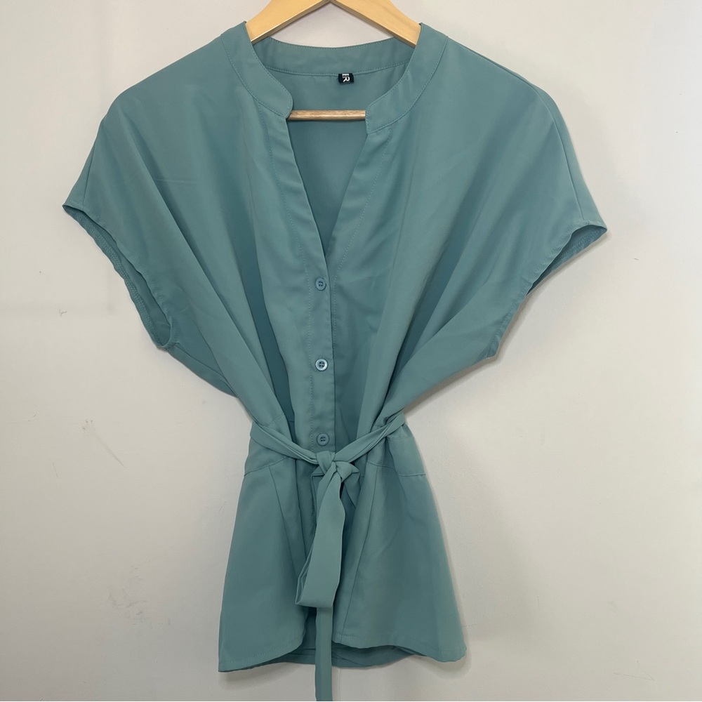 Green Cap Sleeve Blouse with Tie Front and Relaxed Fit